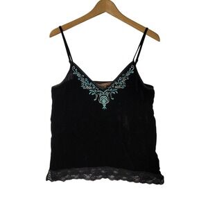 NWT Hanna & Gracie Black Velvet Camisole Lace Hem Embroidered Size Medium VTG